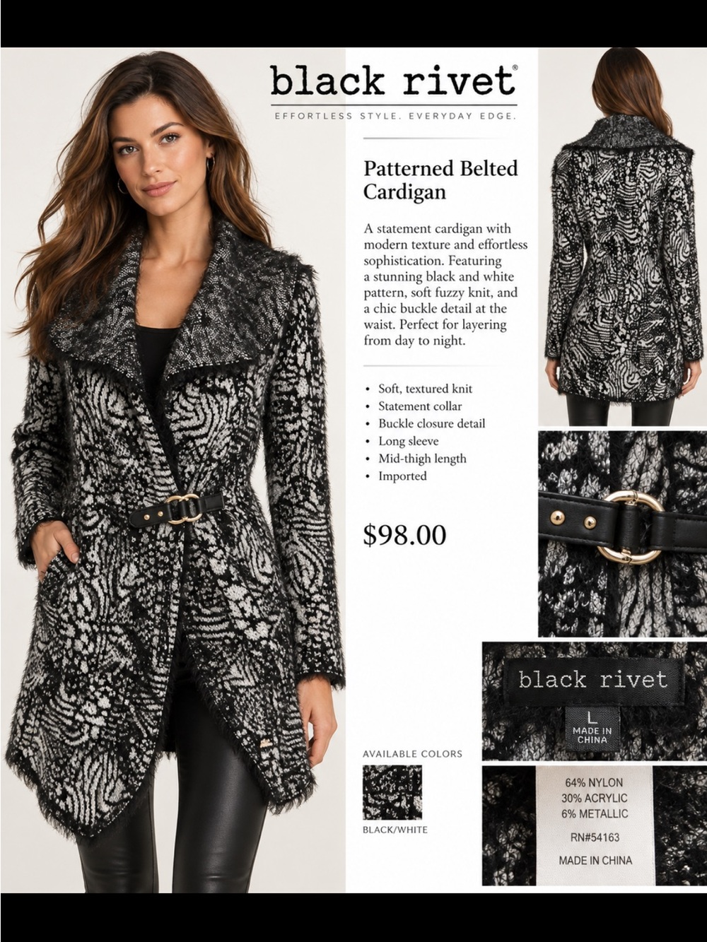 Black Rivet Black & White Fuzzy Patterned Teddy Jacket
